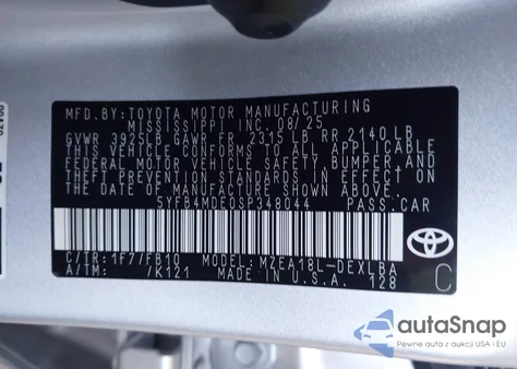 2025 Toyota Corolla Le из США, поврежденный, VIN 5YFB4MDE0SP348044